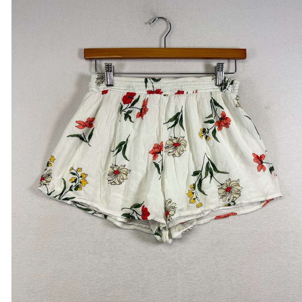Hollister Floral Flowy Shorts Womens Small White Red Smocked Elastic Waist Lined